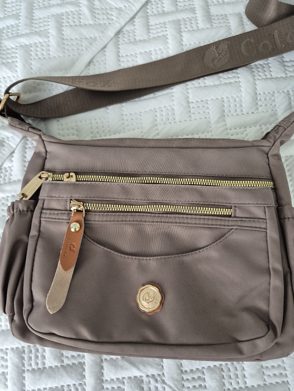 Taupe Crossbody Shoulder Bag with Gold Hardware